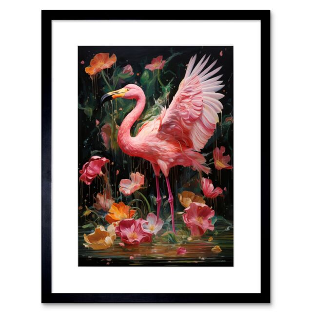 "Artery8 Wall Art Print Flamboyant Flamingo Feathers Artwork Bird in the Rain Vibrant Pink Orange Green Artwork Framed 9X7 Inch - Size: W7"" x H9""" - image 1