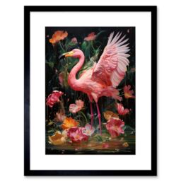 "Artery8 Wall Art Print Flamboyant Flamingo Feathers Artwork Bird in the Rain Vibrant Pink Orange Green Artwork Framed 9X7 Inch - Size: W7"" x H9""" - thumbnail 1