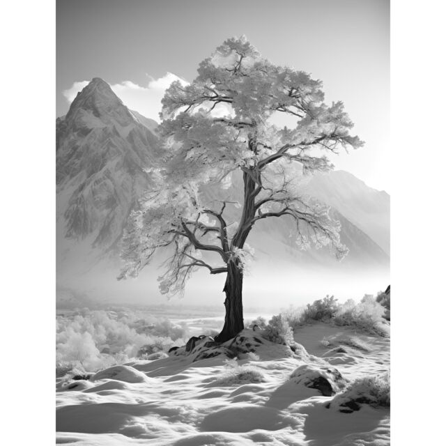 Artery8 Wall Art Print Frozen Tree in Snowy Mountain Landscape Bright Black & White Photograph Winter Sunrise Crisp Morning Light Poster - image 1