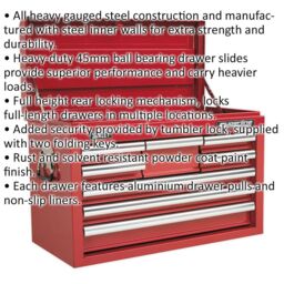 Loops 660 x 315 x 430mm RED 8 Drawer Topchest Tool Chest Lockable Storage Unit Cabinet - thumbnail 2