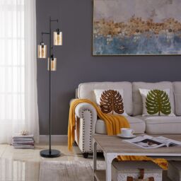 Costway Industrial 3-Light Floor Lamp Metal Standing Tree Light 3 Hanging Lampshade E27 in Black - thumbnail 6