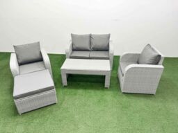 Fimous Light Grey PE Wicker Rattan Garden Furniture Set Sofa Set Reclining Adjustable Chair Oblong Coffee Table 5 Seater With Footstool - thumbnail 1