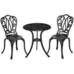 OUTSUNNY 3 Piece Patio Bistro Set Outdoor Table Set with Umbrella Hole in Black - thumbnail 2