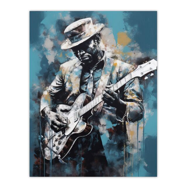"Artery8 Wall Art Print Ragtime Blues Watercolour Artwork Musician Playing Electric Guitar Portrait Painting Poster in Blue - Size: W24"" x H32""" - image 1