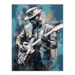 "Artery8 Wall Art Print Ragtime Blues Watercolour Artwork Musician Playing Electric Guitar Portrait Painting Poster in Blue - Size: W24"" x H32""" - thumbnail 1
