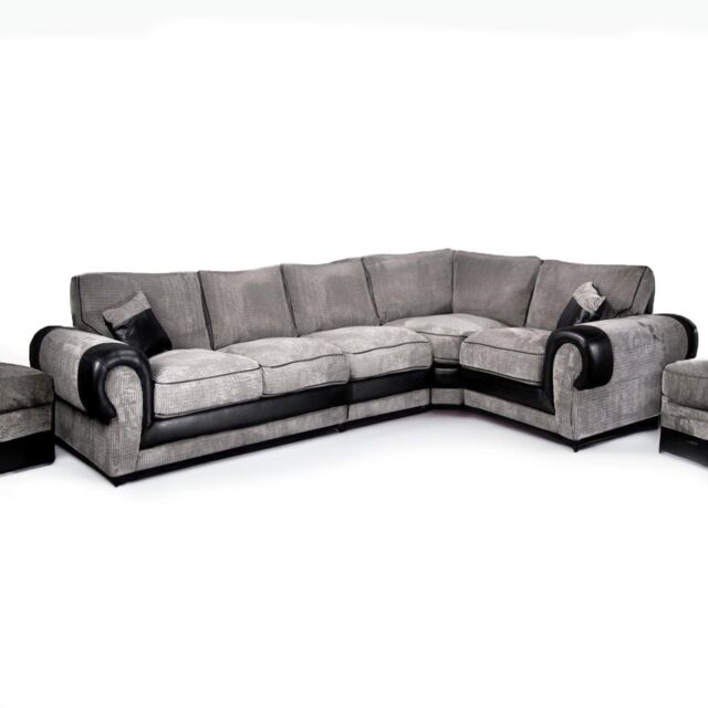 Furnishings For Less UK Large Portland Fabric & Leather Long 5 Seater L Shaped Corner Sofa Roll Arm Fullback Right Hand Facing in Grey - image 1