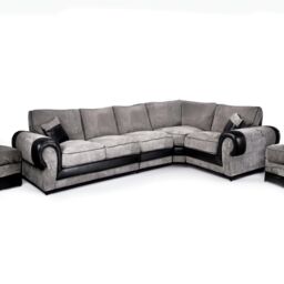 Furnishings For Less UK Large Portland Fabric & Leather Long 5 Seater L Shaped Corner Sofa Roll Arm Fullback Right Hand Facing in Grey - thumbnail 1