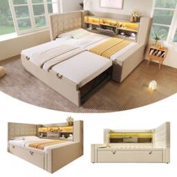 Matteo Linen Upholstered Daybed with Trundle, Storage & USB/LED - Beige - Size: Single - thumbnail 1
