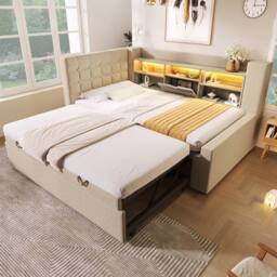 Matteo Linen Upholstered Daybed with Trundle, Storage & USB/LED - Beige - Size: Single - thumbnail 8