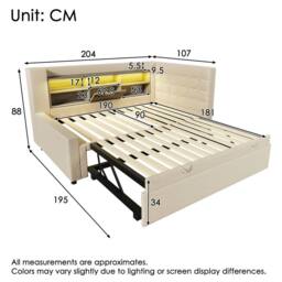 Matteo Linen Upholstered Daybed with Trundle, Storage & USB/LED - Beige - Size: Single - thumbnail 2