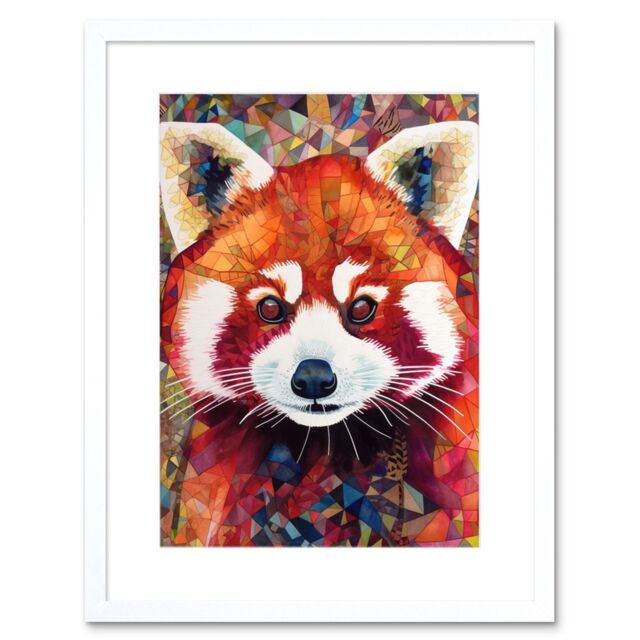 "Artery8 Wall Art Print Red Panda Portrait Multicoloured Folk Artwork Framed 9X7 Inch in White - Size: W7"" x H9""" - image 1