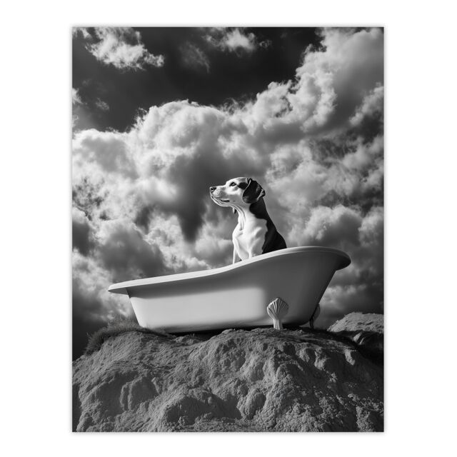 "Artery8 Dog Lover Beagle Bathtub Black White Atmospheric Wall Art Print in Grey - Size: W18"" x H24""" - image 1