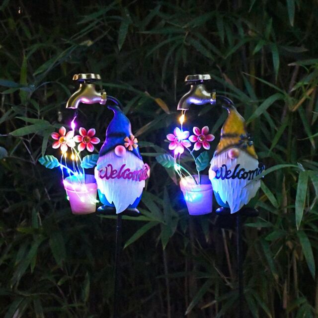 Obasyhig Pack of 4 Outdoor Gnome Solar Garden Water Faucet Ground Colourful Light in Yellow - image 1