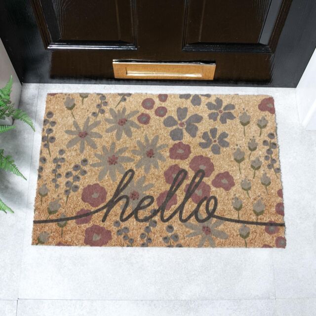 Artsy Mats Hello Scribbly Floral Coir Doormat (60 x 40cm) in Brown - Size: 40 cm x 60 cm - image 1