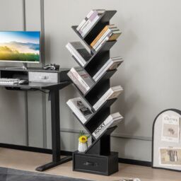 Costway 10 Tiers Bookshelf Display Bookcase Tree Shaped Storage Rack Shelves with Drawer in Black - thumbnail 5
