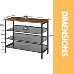 Rafaelo Mobilia 4-Tier Shoe Rack with 3 Adjustable Mesh Shelves in Brown - thumbnail 6