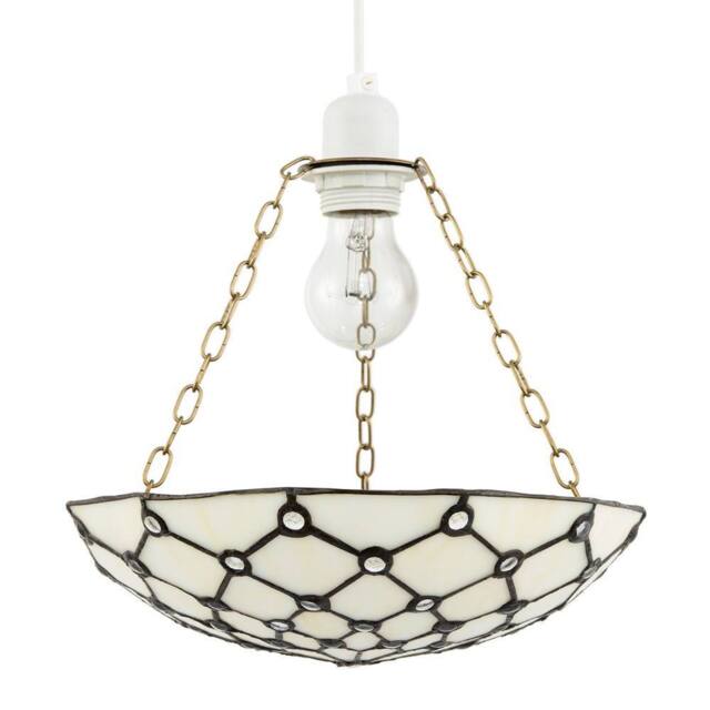 Happy Homewares White Toned & Clear Beaded Tiffany Glass Easy Fit Bowl Pendant Shade - image 1