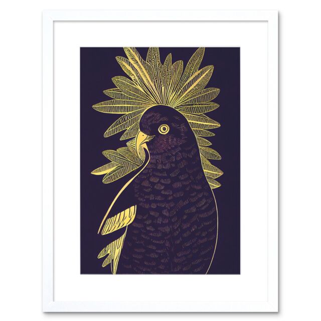 "Artery8 Wall Art Print Detailed Stylish Dark Deep Purple Yellow Gold Parrot Tropical Plant Artwork Framed 9X7 Inch in White - Size: W7"" x H9""" - image 1
