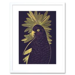 "Artery8 Wall Art Print Detailed Stylish Dark Deep Purple Yellow Gold Parrot Tropical Plant Artwork Framed 9X7 Inch in White - Size: W7"" x H9""" - thumbnail 1