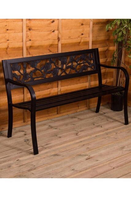Home Discount Garden Vida Steel Garden Bench Rose 3 Seater Outdoor Furniture in Black - image 1