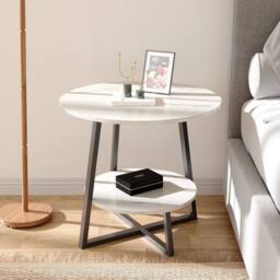 KORVIXA 60*55cm Marble Effect Round Side End Table in White - Size: 100 cm