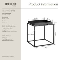 tectake Bedside Table Cambridge - With Tray-Shaped Shelf, 40 X 40 X 44 Cm in Black - thumbnail 6