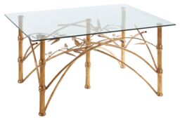 Orsina Table With Bamboo Design Legs, Glass Topped Rectangular Accent Table, Decorative Metallic Table For Patio in Gold