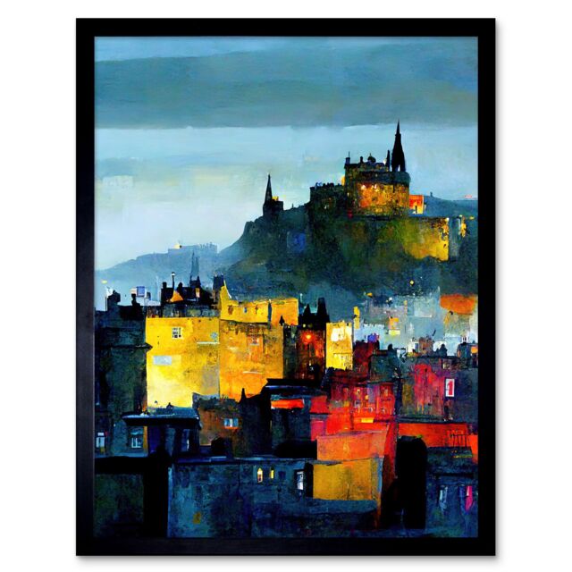 "Artery8 Wall Art Print Colourful Modern Edinburgh Castle Cityscape Acrylic Painting Art Framed in Black - Size: W12"" x H16""" - image 1