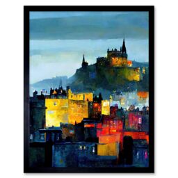 "Artery8 Wall Art Print Colourful Modern Edinburgh Castle Cityscape Acrylic Painting Art Framed in Black - Size: W12"" x H16""" - thumbnail 1