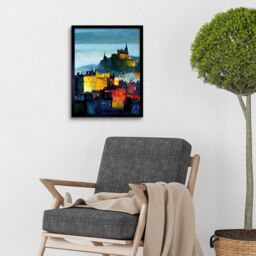 "Artery8 Wall Art Print Colourful Modern Edinburgh Castle Cityscape Acrylic Painting Art Framed in Black - Size: W12"" x H16""" - thumbnail 2
