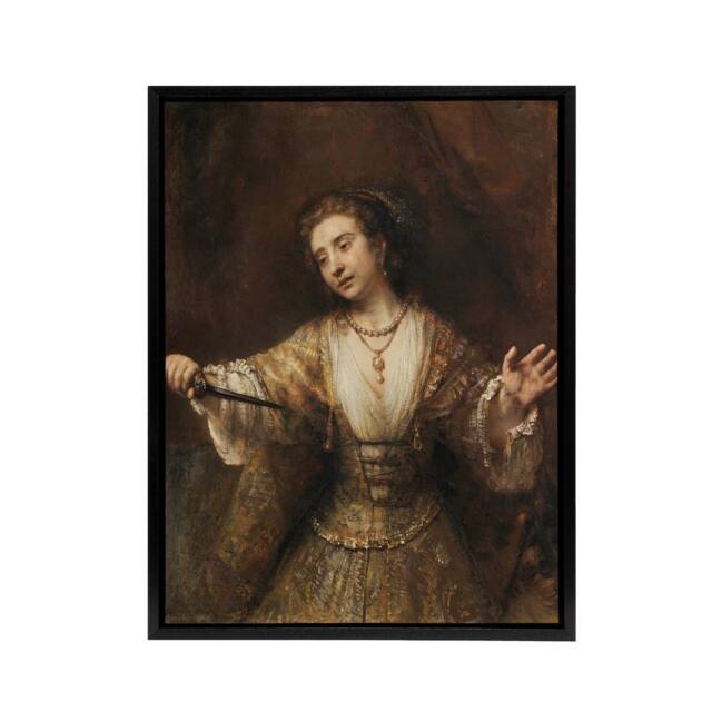 "Artery8 Rembrandt Lucretia 1664 Framed Canvas Wall Art Print in Brown - Size: W24"" x H32""" - image 1