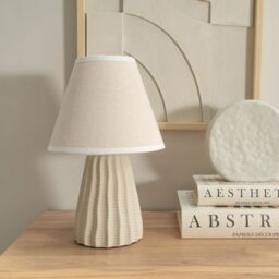 ValueLights Saskia Pair Natural Textured Ceramic Table Lamps with Linen Tapered Lamp Shades in Cream - thumbnail 3