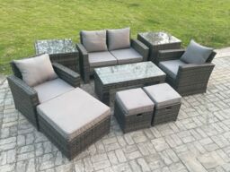 Fimous 9 PCS Outdoor Lounge Sofa Set Wicker PE Rattan Garden Furniture Set with Rectangular Coffee Table Armchair in Dark Grey - thumbnail 2