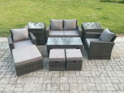 Fimous 9 PCS Outdoor Lounge Sofa Set Wicker PE Rattan Garden Furniture Set with Rectangular Coffee Table Armchair in Dark Grey - thumbnail 1