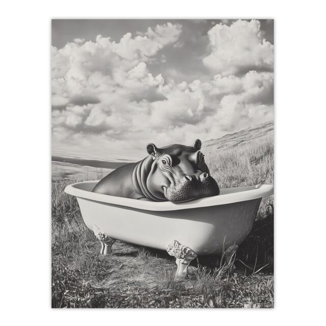 "Artery8 Baby Hippo in Bathtub Black White Surreal Wall Art Print in Grey - Size: W18"" x H24""" - image 1