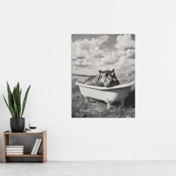 "Artery8 Baby Hippo in Bathtub Black White Surreal Wall Art Print in Grey - Size: W18"" x H24""" - thumbnail 4