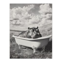 "Artery8 Baby Hippo in Bathtub Black White Surreal Wall Art Print in Grey - Size: W18"" x H24""" - thumbnail 1