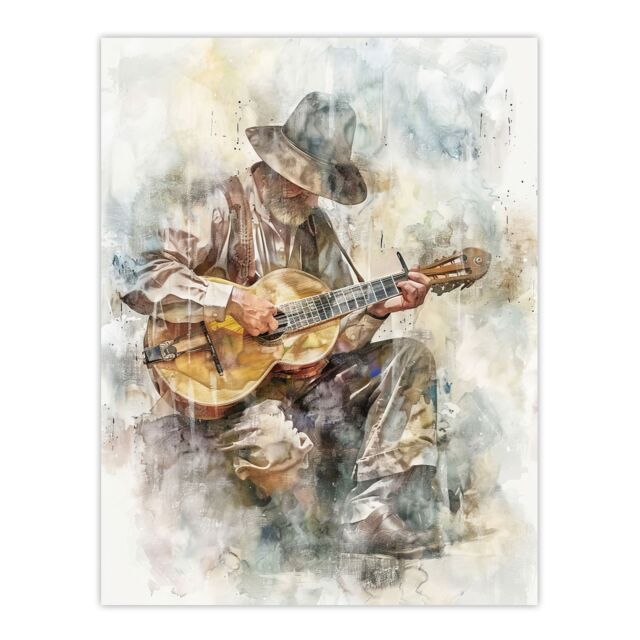 "Artery8 Country Music Guitarist Watercolour Portrait Wall Art Print in Brown - Size: W24"" x H32""" - image 1