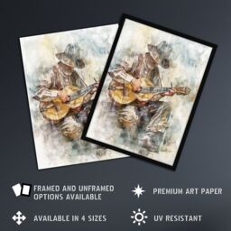 "Artery8 Country Music Guitarist Watercolour Portrait Wall Art Print in Brown - Size: W24"" x H32""" - thumbnail 2