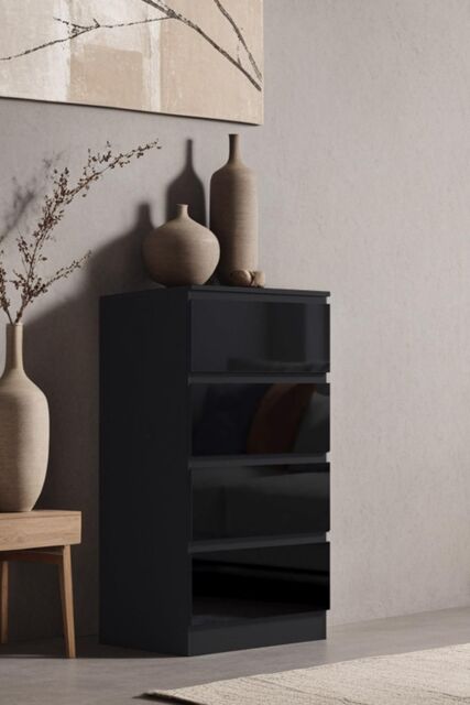 FWStyle 4 Drawer Gloss Chest Of Drawers Bedroom Storage Tall Slim Design in Black - image 1