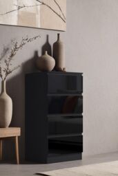 FWStyle Stora 4 Drawer Black Gloss Chest Of Drawers Bedroom Storage Tall Slim Design