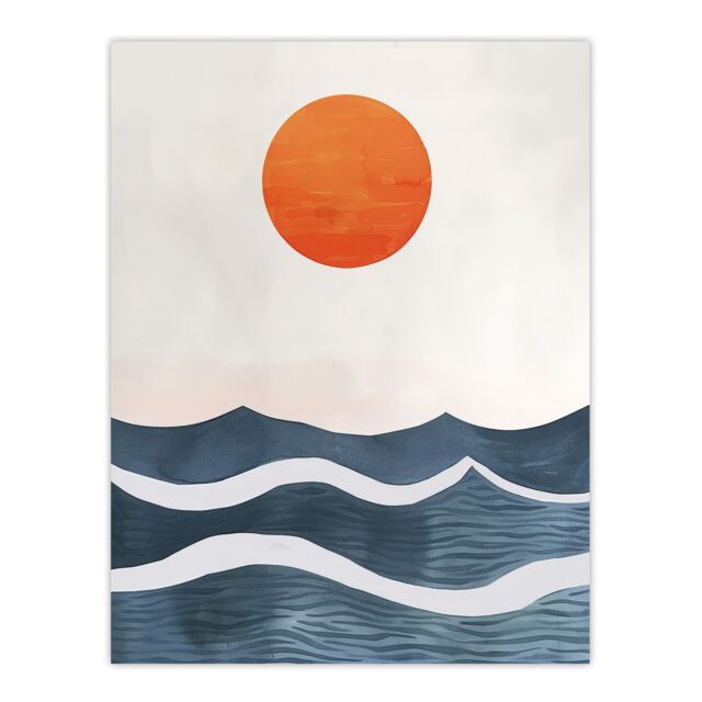 "Artery8 Minimalist Large Sunset Sun Over Ocean Waves Wall Art Print in Blue - Size: W12"" x H16""" - image 1