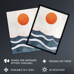 "Artery8 Minimalist Large Sunset Sun Over Ocean Waves Wall Art Print in Blue - Size: W12"" x H16""" - thumbnail 2