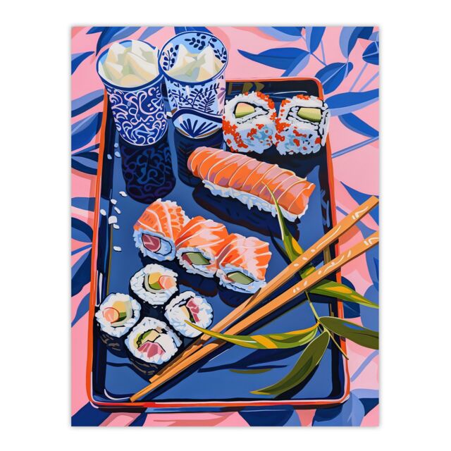 "Artery8 Sushi Colourful Stylised Food Flatlay Painting Wall Art Print in Pink - Size: W24"" x H32""" - image 1