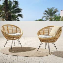 Wyld and Coco Set 2 Natural Rattan Chairs Beige Cotton Cushions and Powder Coat Iron - thumbnail 1