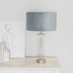 ValueLights Balan Glass with Chrome Table Lamp & Grey Velvet with Chrome Inner Shade & Bulb - thumbnail 3