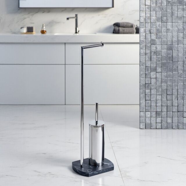 Showerdrape Octavia Grey Marble & Chrome Toilet Roll Holder & Toilet Brush Combination - image 1