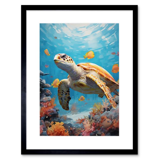 Artery8 Wall Art Print Loggerhead Sea Turtle in Coral Reef Bright Detailed Artwork Caretta Swimming with Yellow Striped Fish Artwork Framed 9X7 Inch - image 1