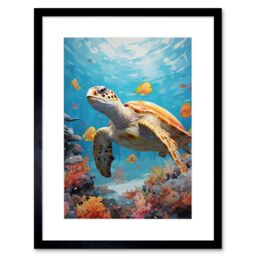Artery8 Wall Art Print Loggerhead Sea Turtle in Coral Reef Bright Detailed Artwork Caretta Swimming with Yellow Striped Fish Artwork Framed 9X7 Inch - thumbnail 1
