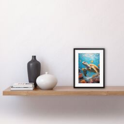 Artery8 Wall Art Print Loggerhead Sea Turtle in Coral Reef Bright Detailed Artwork Caretta Swimming with Yellow Striped Fish Artwork Framed 9X7 Inch - thumbnail 2